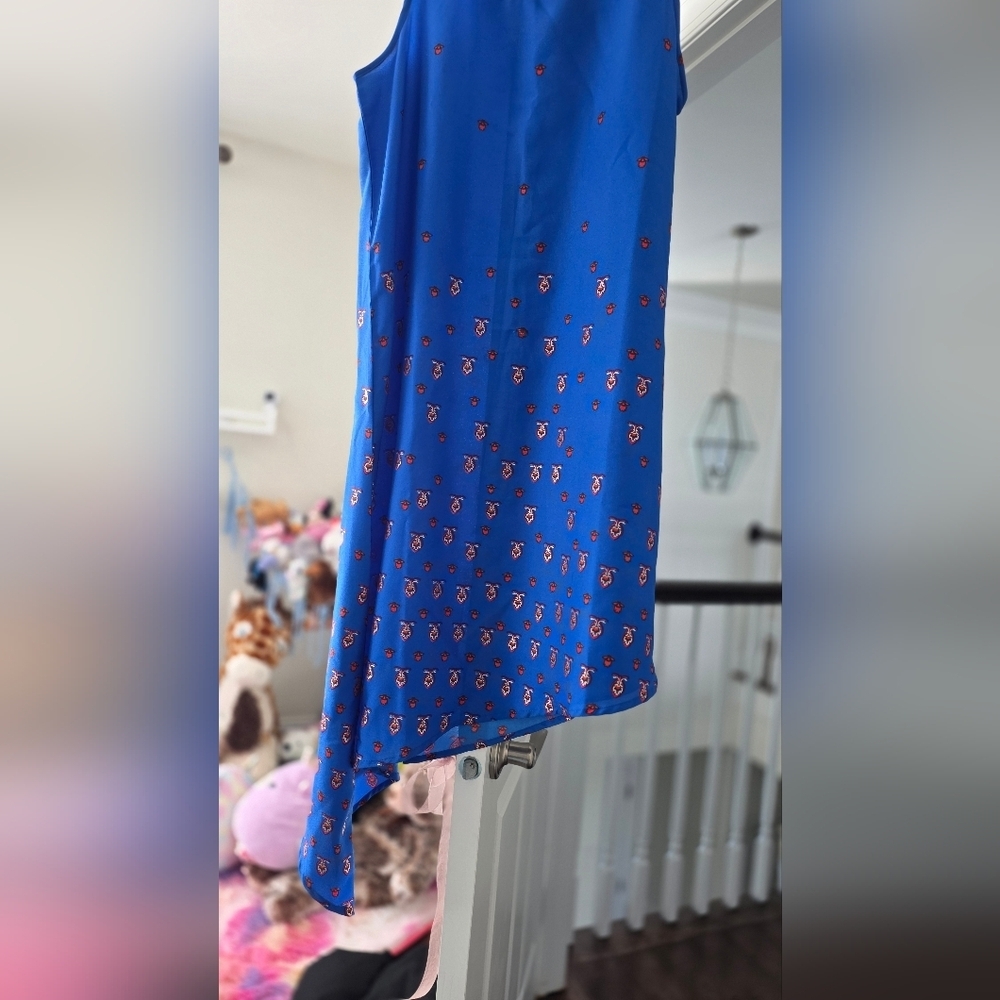 Blue Asymmetrical Hem Sleeveless Tunic Top | Red Mini Print | Size 8 - Picture 5 of 9
